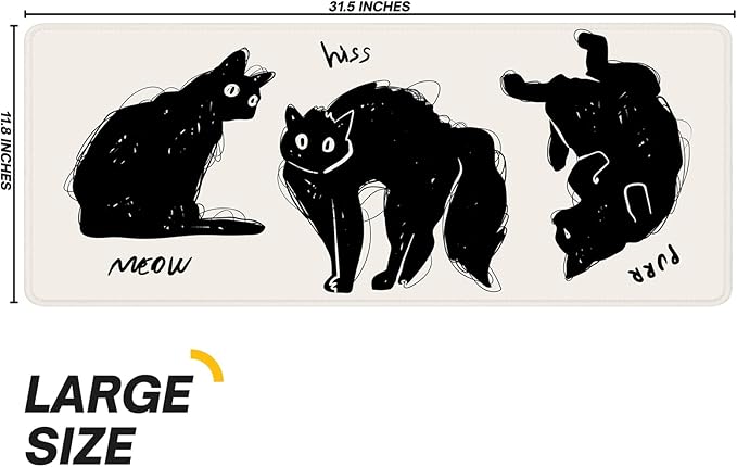Funny Cute Cat Gaming Mouse Pad with Non-Slip Rubber Base, Large Anime Mousepad with Stitched Edges, Long Keyboard Mat for Home and Office, 31.5 x 11.8 inches (Funny Black Cat)
