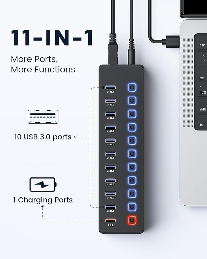 USB hub，Powered USB hub, 11-Port hub Splitter，10 USB 3.0 Data Transfer Port + 1 Smart Charging Port,Independent Switch (with LED Working Indicator) USB 3.0 Hub Powered with Power Adapter for Mac/PC