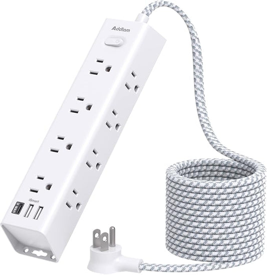 Surge Protector Power Strip - 10 FT Extension Cord, Power Strip with 12 Widely AC Outlet 3 USB, Flat Plug, Wall Mount Overload Protection, 1050J, Desk Charging Station for Home Office, ETL Listed