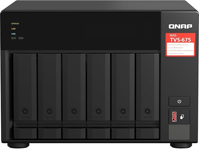 QNAP TVS-675-8G 6 Bay NAS ZhaoXin KX-U6580 8-core 2.5GHz 8G DDR4 Hot-swappable 2xM.2 2280 PCIe Gen 3 x1 2 x2.5GbE WOL 2xPCle Gen 2xUSB3.2 3yr wty