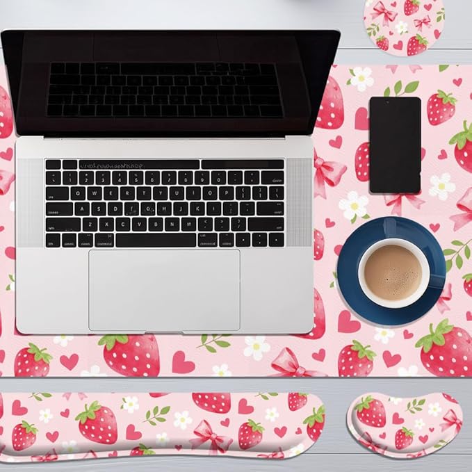 4 in 1 Large Keyboard Mouse Pad Set, Ergonomic Keyboard Wrist Rest Pad, Wrist Support Mousepad Set, Cup Coaster, Extended Desk Mat for Home Game Women Office Desk Decor Accessories(Pink)