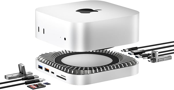 Mac mini M4 Dock, Aluminum Stand and HDMI Hub for Mac mini M4 and M4 Pro 2024 with M.2 NVMe/SATA SSD Enclosure, 4K60Hz HDMI,10G USB A/C, 5G USB A*2, USB-C Charge, SD/TF, Audio