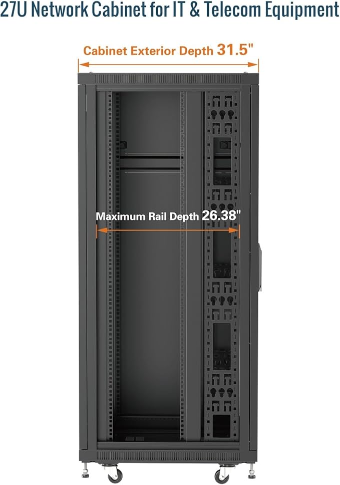 Tecmojo Network Rack Cabinet,27U Server Rack,31.5 Inch Depth,Hold Up to 1800Lbs,Lockable Cabinet with Casters and Complete Accessories,Clear Door,for Home,Office,Small Business (27U 23.6" w*31.5" d)