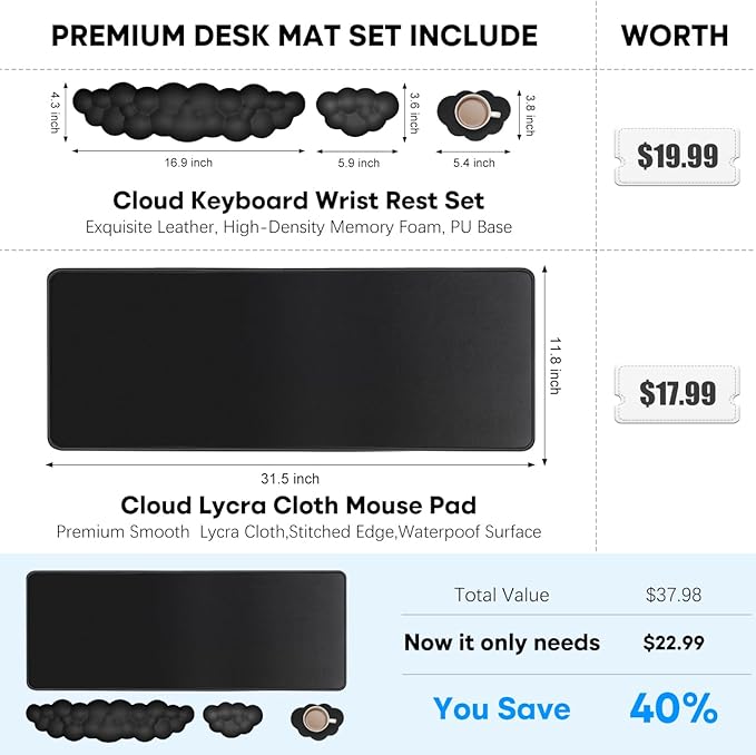 JIKIOU Large Cloud Mouse Pad Waterproof with Cloud Keyboard Wrist Pad and Cloud Mouse Wrist Pad Set, Ergonomic Computer Desk Wrist Support Mousepad for Keyboard and Mouse 31.5x11.8in (Black)