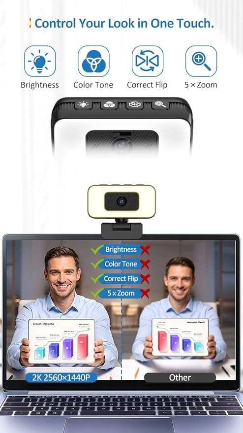 2K Webcam for Laptop, Computer Camera with Light for PC/Desktop/Mac [Light Your Face, Free Your Space] USB Webcam with Auto Anti-Disturb Backlight, Zoom & Flip, Privacy Cover, Microphone