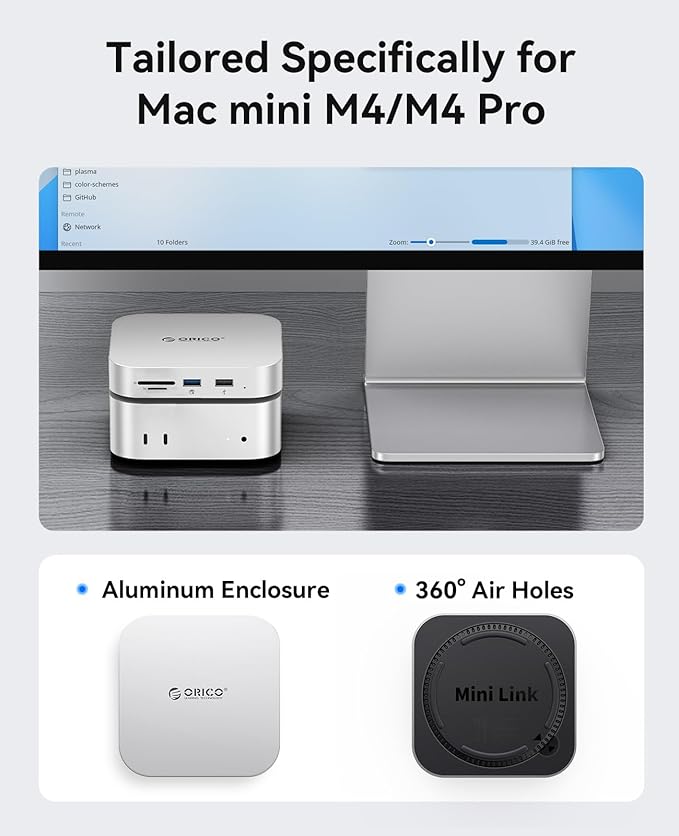 ORICO MiniLink Mac mini M4 Hub with SATA SSD Enclosure, 5Gbps(480MB/s) USB 3.0 Port, SD 3.0/TF 3.0 Card Readers, 3.5mm Headphone Jack and Microphone Jack (M410P)