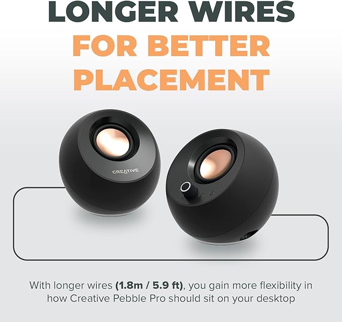 Creative Pebble Pro (Black) Minimalist 2.0 USB-C Computer Speakers with Bluetooth 5.3 and Customizable RGB Lighting, Clear Dialog and BassFlex Tech, USB Audio, Headset Port, for PC and Mac