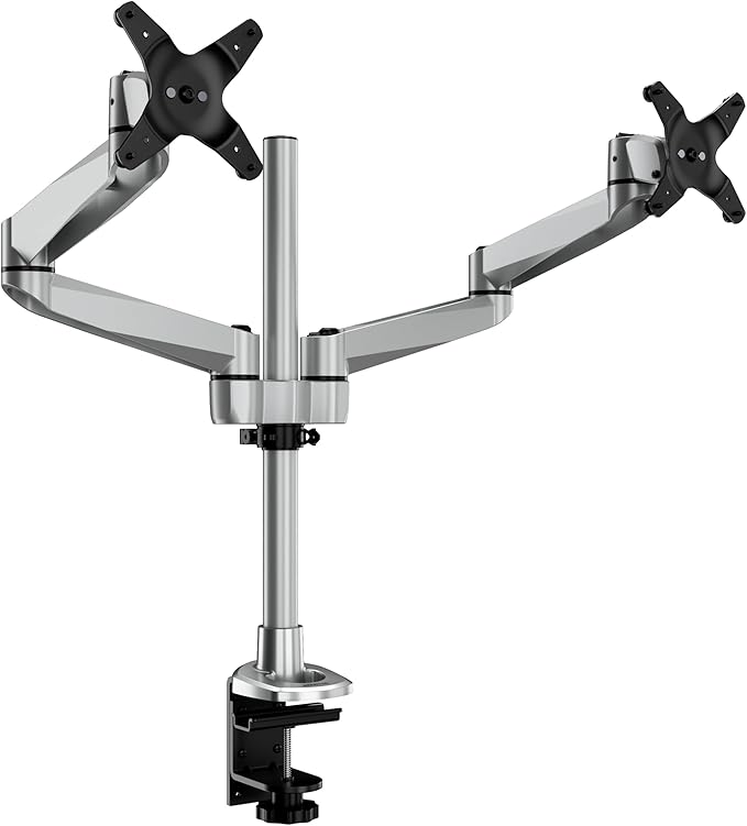 Mount-It! CLiX Dual Monitor Desk Mount Full Motion Arms, TAA-Compliant, Monitor Mounts for 2 Monitors 13-32" up to 19.8 lbs Each, VESA 75 100, C-Clamp Grommet, Premium Aluminum Dual Monitor Arm Silver