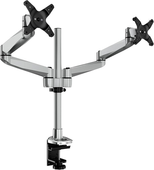 Mount-It! CLiX Dual Monitor Desk Mount Full Motion Arms, TAA-Compliant, Monitor Mounts for 2 Monitors 13-32" up to 19.8 lbs Each, VESA 75 100, C-Clamp Grommet, Premium Aluminum Dual Monitor Arm Silver