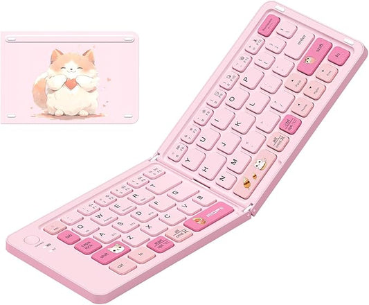 Pink Foldable Mini Bluetooth Keyboard, Portable Compact Wireless Rechargeable Keyboard with 67 Slim Quiet Keys, Cute Pocket-Sized Travel Keyboard for iPad iPhone Android Tablet Mac Windows-Cat Theme