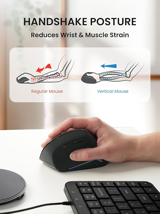 Perixx PERIMICE-715R Wireless Rechargeable Vertical Mouse - Duo Wired and Wireless Charging Feature - 6 Buttons Design - Black - Right-Handed Design