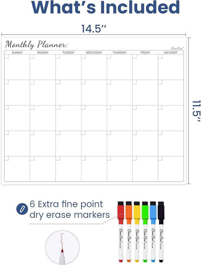 Non-Magnetic Dry Erase Calendar for Fridge - Reusable Monthly Calendar Sticks to Most Smooth Surfaces - 6 Dry Erase Markers Included - Shipped Flat