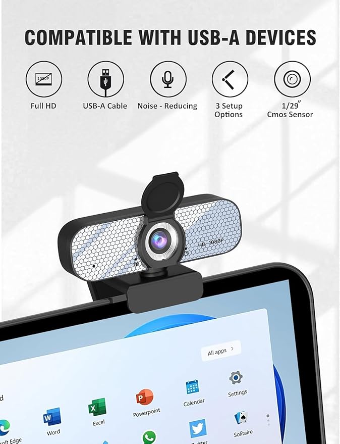 1080P HD Webcam with Built-in Microphone, Rotatable Tripod, Wide-Angle Lens,Privacy Cover, Auto Light Correction, Plug & Play USB-A Webcam for Laptop, Desktop, PC, Streaming-White