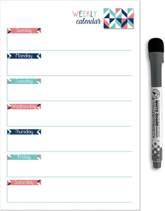 Dry Erase Weekly Calendar Planner Sticker Decal | Removable & Reusable | Magnetic Fine-Tip Marker Included (6 x 9 inches, Geometric)