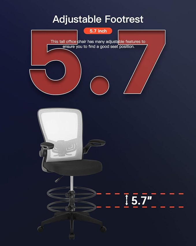 BestOffice Drafting Chair Tall Office Chair Adjustable Height with Lumbar Support Arms Footrest Mid Back Standing Desk Chair with Swivel Rolling Mesh Stool White