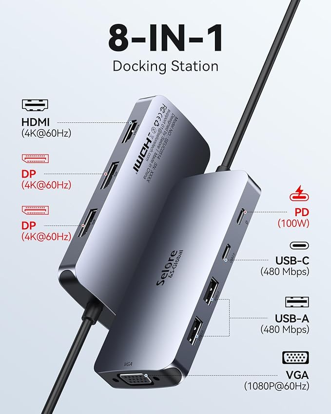USB C Docking Station Dual DisplayPort Monitor, USB C Hub DisplayPort with 2 DP, HDMI, VGA, 100W PD Charging, USB-A/C 2.0 Ports - Multi Monitor Adapter for Dell, HP, Lenovo and More