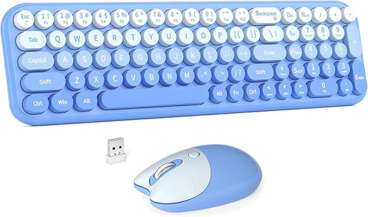 Wireless Keyboard and Mouse Combo, MOWUX Compact Typewriter Retro Round Computer Keyboard, Cute Optical Mouse Wireless, Plug and Play, for Laptop, PC, Computer- Blue Gradient
