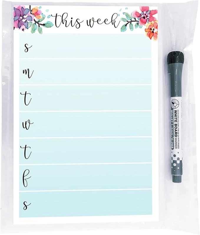 Dry Erase Weekly Calendar Planner Sticker Decal | Removable & Reusable | Magnetic Fine-Tip Marker Included (6 x 9 inches, Floral)