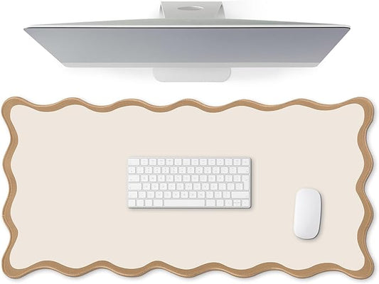 Scalloped Desk Mat Large Scalloped Piping Cute Desk Mat Aesthetic Preppy Table Pad Large Nonslip Pad with Edge Stitching Waterproof Gaming(Beige,31.5 x 15.75 Inches)