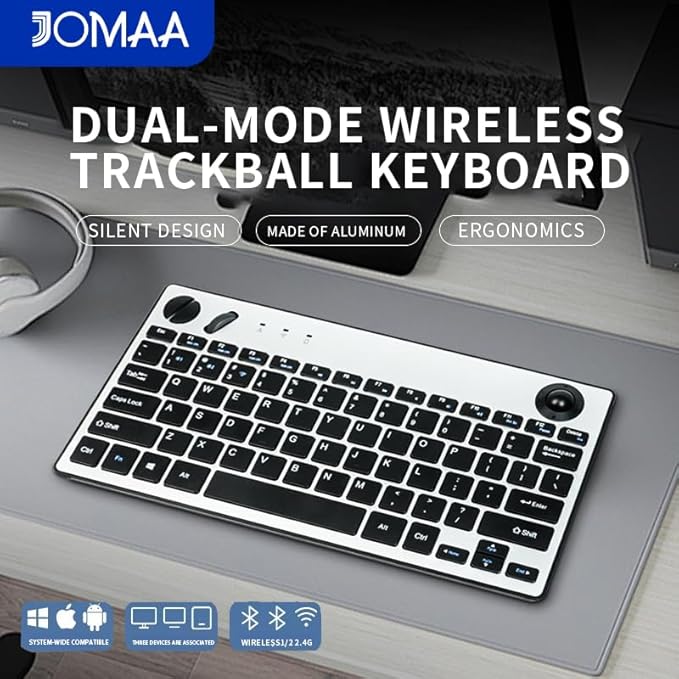 JOMAA 78 Keys Dual Mode Wireless Trackball Keyboard, Bluetooth 5.0 & 2.4G Wireless Keyboard with 19mm Trackball for Windows Mac iOS Android Computer Tablet Desktop