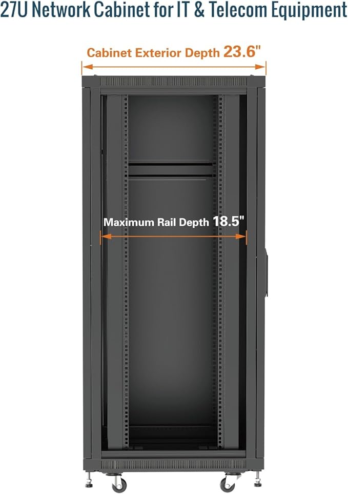 Tecmojo Network Rack Cabinet,27U Server Rack,23.6 Inch Depth,Hold Up to 1800Lbs,Lockable Cabinet with Casters and Complete Accessories,Mesh Door,for Home,Office,Small Business (27U 23.6" w*23.6" d)