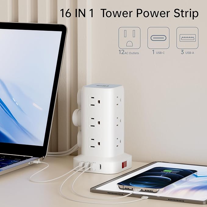 Extension Cord with Multiple Outlets, SMALLRT Flat Plug Surge Protector Power Strip Tower, Outlet Extender with USB 12 AC Outlets, 10FT Ultra Thin Extension Cord for Home Office, Overload Protection