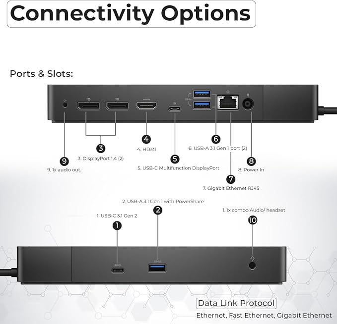Dell WD19 130W Docking Station Bundle with 130W Power Adapter + HDMI Cable + DisplayPort Cable + USB-C Cable + Microfiber Cloth Included