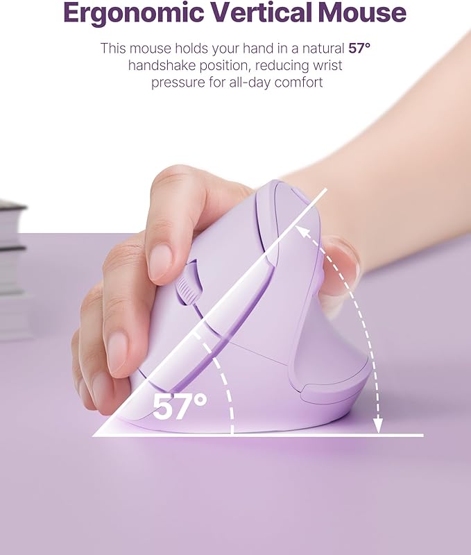 Ergonomic Mouse, USB+Bluetooth Dual Connection, Wireless Vertical Mouse for Reducing Wrist Pain, 1000/1600/2400 DPI, Ergo Mouse with Quiet Click for Windows Mac OS PC Computer Laptop, Purple