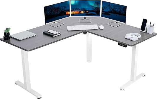 VIVO Corner Standing Desk, 63 x 55 inch Reversible L-Shaped Workstation, Electric Height Adjustment, Home, Office, and Reception Rooms, Dark Gray Table Top White Frame, DESK-E3CTWG
