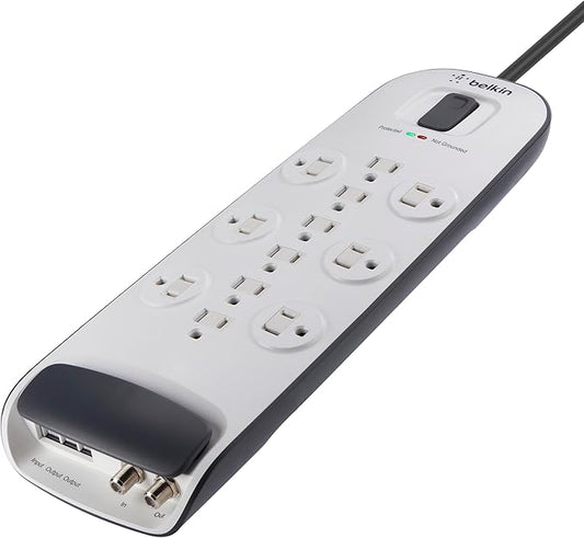 Belkin Power Strip Surge Protector - 12 AC Multiple Outlets, Ethernet & Cable Protection - 8 ft Long Extension Cord for Home, Office, Travel, Computer Desktop & Phone Charger - 3996 Joules, White
