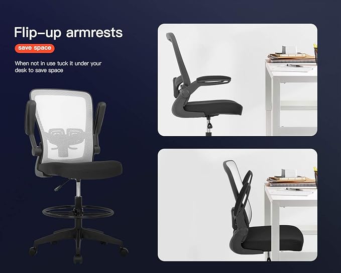 BestOffice Drafting Chair Tall Office Chair Adjustable Height with Lumbar Support Arms Footrest Mid Back Standing Desk Chair with Swivel Rolling Mesh Stool White
