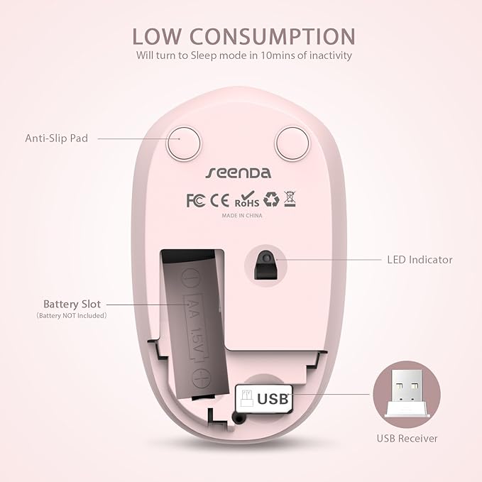 seenda Wireless Mouse for Laptop, 2.4G Noiseless Mouse with USB Receiver - Optical Tracking Portable Computer Mice for Chromebook, PC, Tablet, Windows System, 24 Months Battery Life - Pink