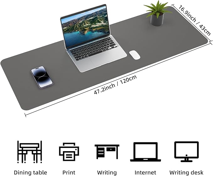 Leather Desk pad Protector, Large Desk mat with Natural Cork & PU Leather,Mouse pad,Non-Slip Office Desk Mat,Waterproof Desk Writing Pad for Office and Home (47in*17in,Dark Grey)