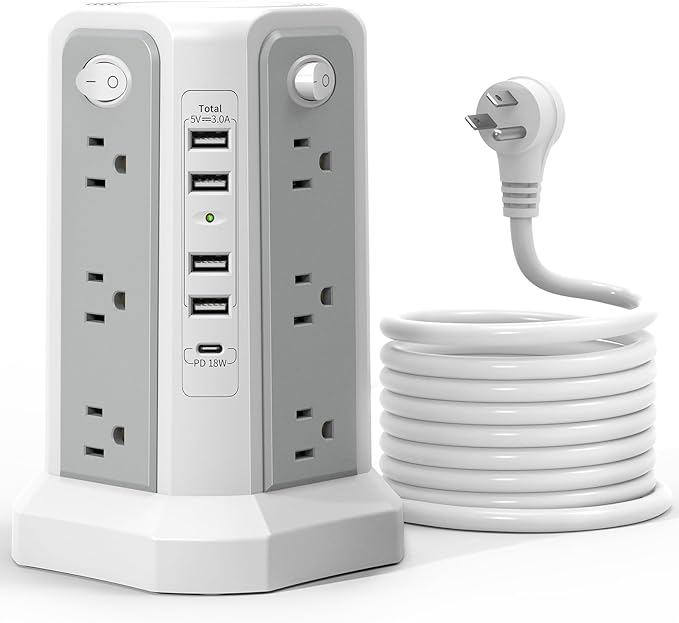 Surge Protector Power Strip Tower (13A 1625W) with 5 USB Ports (1 PD 20W), Extension Cord 10FT with 12 Multiple Outlets, Overload Protection Charging Tower for Home Office Dorm Room Essentials