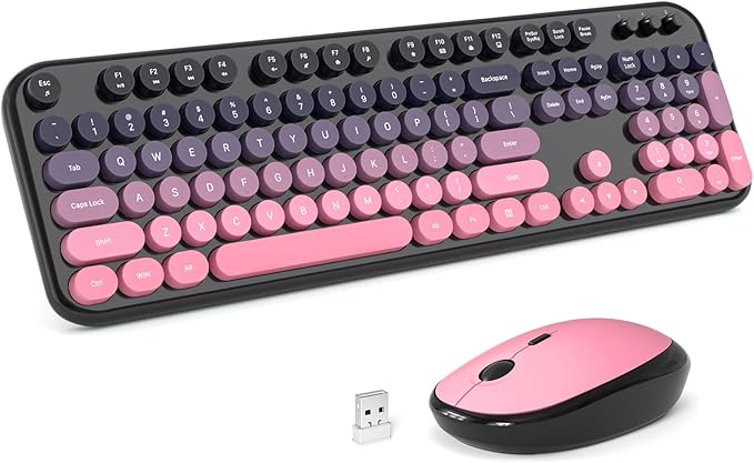 Wireless Keyboard Mouse Combo - Lovely CherryPink-Gradient Rainbow Full-Sized Typewriter Colorful Keyboards, Round Keycap Plug Play Retro Cute Keyboards for Windows, Laptop, PC, Desktop, Computer