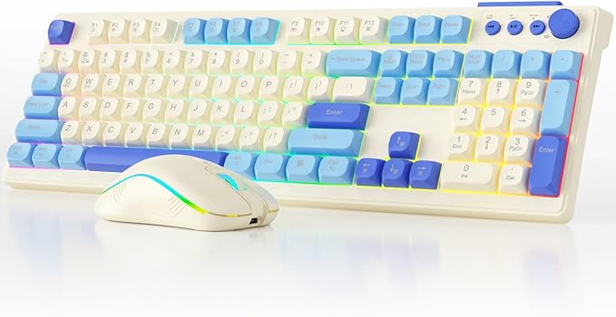 Wireless Keyboard and Mouse Combo, Wireless Keyboard Bluetooth Ergonomic Creamy Computer Keyboards Cute Full Size RGB Backlit Tri-Mode BT/2.4GHz/USB-C for PC Laptop