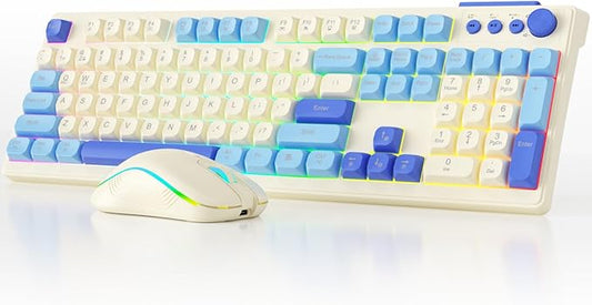 Wireless Keyboard and Mouse Combo, Wireless Keyboard Bluetooth Ergonomic Creamy Computer Keyboards Cute Full Size RGB Backlit Tri-Mode BT/2.4GHz/USB-C for PC Laptop