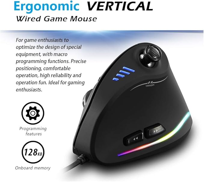 ZLOT Vertical Gaming Mouse,Wired RGB Ergonomic USB Joystick Programmable Laser Gaming Mice,6+1 Design,11 Buttons,1000 Hz Max Polling Rate,10000 Max DPI,Upgraded Version for Computer Gamers,Black