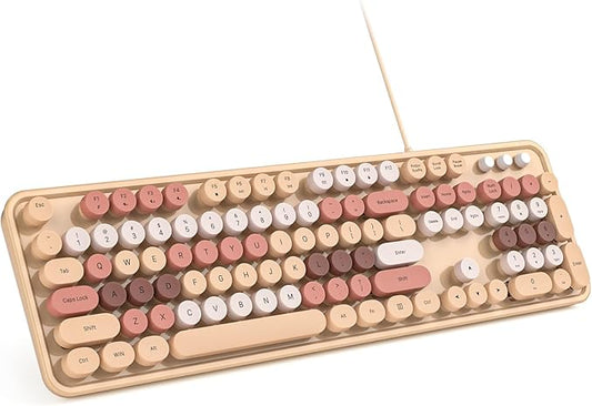 Computer Keyboard Wired, Plug Play USB Retro Round Typewriter Keyboard, Full Size Wired Keyboard with Foldable Stands for Laptop and Office PC- Milk Tea Colorful