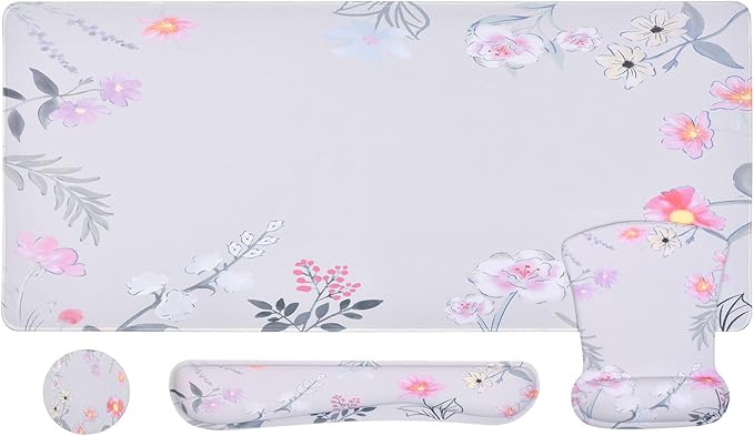 MEGREZ 4-in-1 Ergonomic Memory Foam Wrist Rest Set, Desk Pad, Mouse Pad with Wrist Rest, Keyboard Pad, Suitable for Office Workers, Programmers & Gamers–Relieve Typing & Gaming Fatigue, Pink Flower
