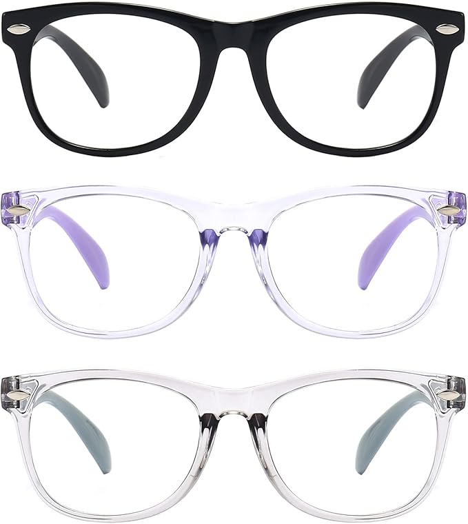 3 Pack kids Blue Light Blocking Glasses For Girls And Boys Computer Blue Light Blocking Glasses For Age 3-9 (Black + Light purple + Light gray)