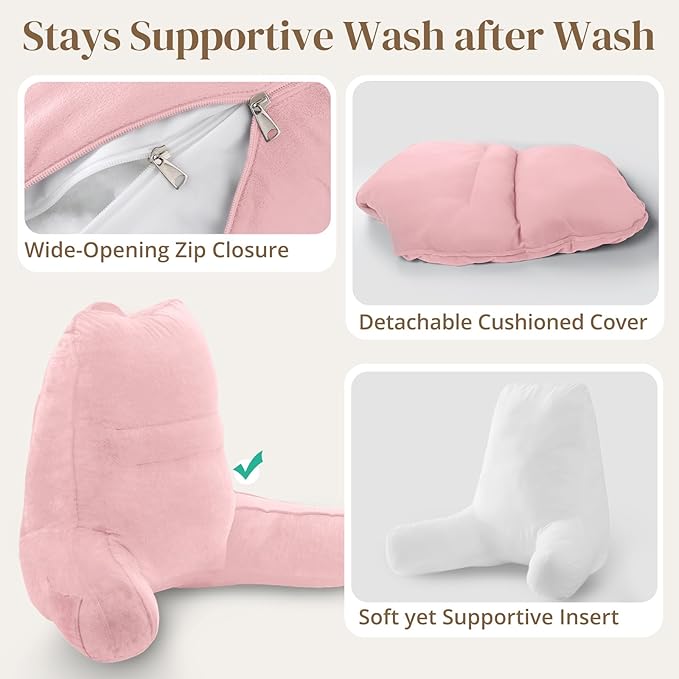 Sasttie Reading Pillow for Bed - 23 Inch, Back Pillow for Bed Sitting Up, Back-Rest Support Cushion with Side Pockets and Arms, Dorm Essentials, Oeko-Tex Certified, Light Pink