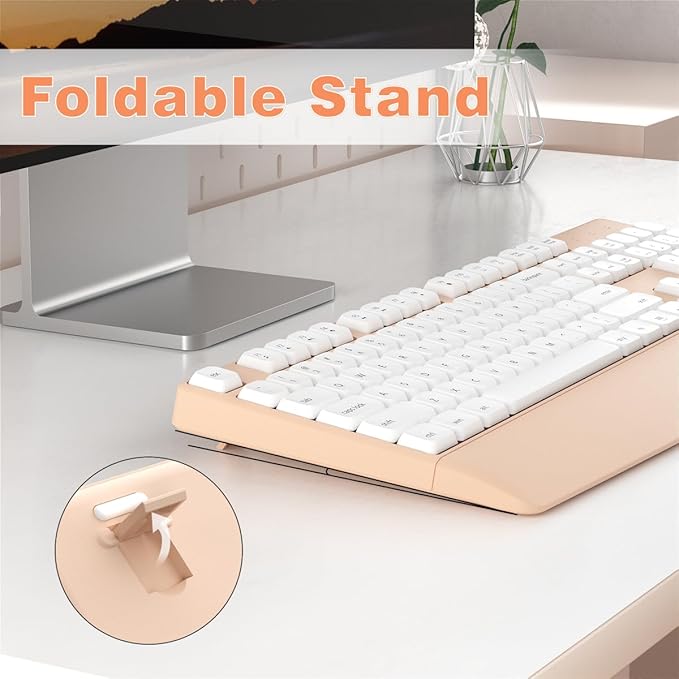 Wireless Keyboard and Mouse Combo, Ergonomic Keyboard with Wrist Rest, 2.4Ghz Wireless Connection, Compatible with PC/Laptop/Windows/Mac for Home and Office Use (White Milk Tea)