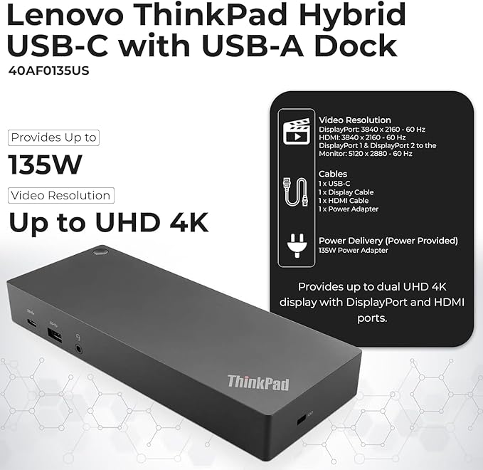 40AF0135US Docking Station Dual Monitor Hybrid USB-C with USB-A - 1 Year Warranty, Thinkpad Dock w/ 135W Adapter, HDMI, DisplayPort, USB-C Cable, Cloth - Laptop Docking Station (Renewed)
