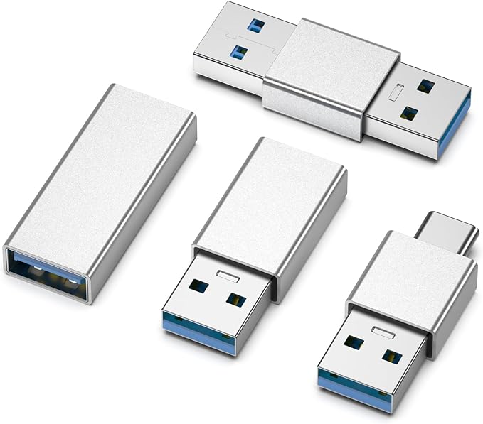 Fidioto 4kinds of USB 3.0 adapters kit, USB 3.0 Male to Male and Female to Male and Female to Female, high Speed Convert Extension Coupler Connector converte,Sliver