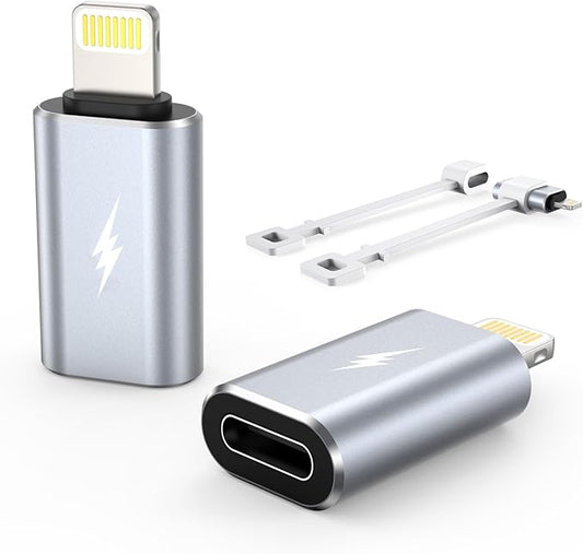 TechMatte Female USB C to Male Lightning Adapter 2 Pack 2.2A Charging Data Transfer, Compatible with iPhone 14, 13, 12, 11 Xs iPad iPod AirPods, Not for Audio Headphones/OTG Firewire Anti-Lost, Grey