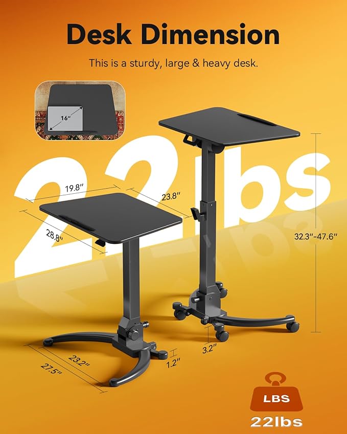 JOY worker Foldable Mobile Standing Desk, Upgraded Height Adjustable Rolling Desk, Max Height 47.6", 90° Tiltable Board & Base, Portable Workstation with Moveable Wheels, Holds Up to 22lbs, Black