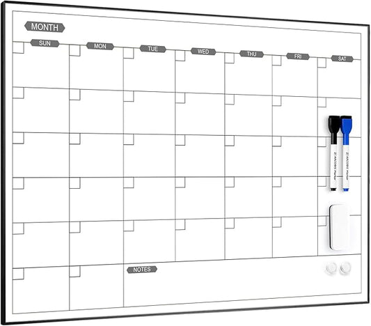 ARCOBIS Monthly Calendar Whiteboard, 24" x 18" Magnetic Dry Erase Calendar with Black Frame, Wall Hanging Planner for Home, Office, School