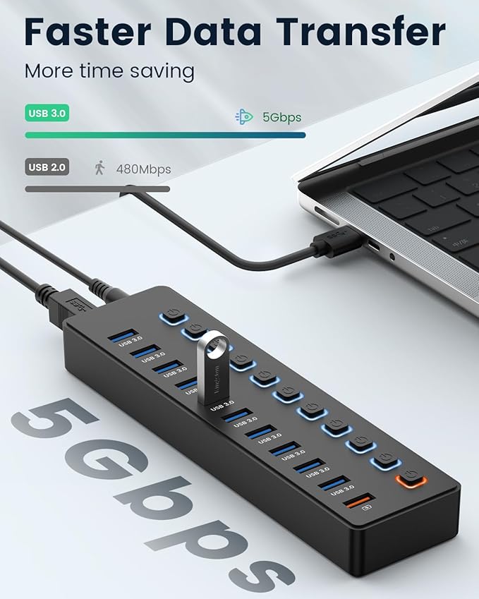 USB hub，Powered USB hub, 11-Port hub Splitter，10 USB 3.0 Data Transfer Port + 1 Smart Charging Port,Independent Switch (with LED Working Indicator) USB 3.0 Hub Powered with Power Adapter for Mac/PC