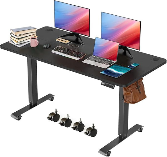 Standing Desk Adjustable Height, Electric Height Adjustable Table, 55'' X 24'' Stand Up Desk with Double Hooks and Wheels, 27''-45'' Lifting Range Sit Stand Home Office Desk(Black)